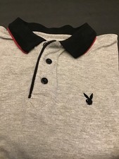 Vintage 90S PLAYBOY Gray/Black Red Piping Short Sleeve Polo Mens LARGE- EUC