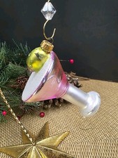 Pink Martini Glass with Olive Blown Glass Christmas Ornament New Year's Theme