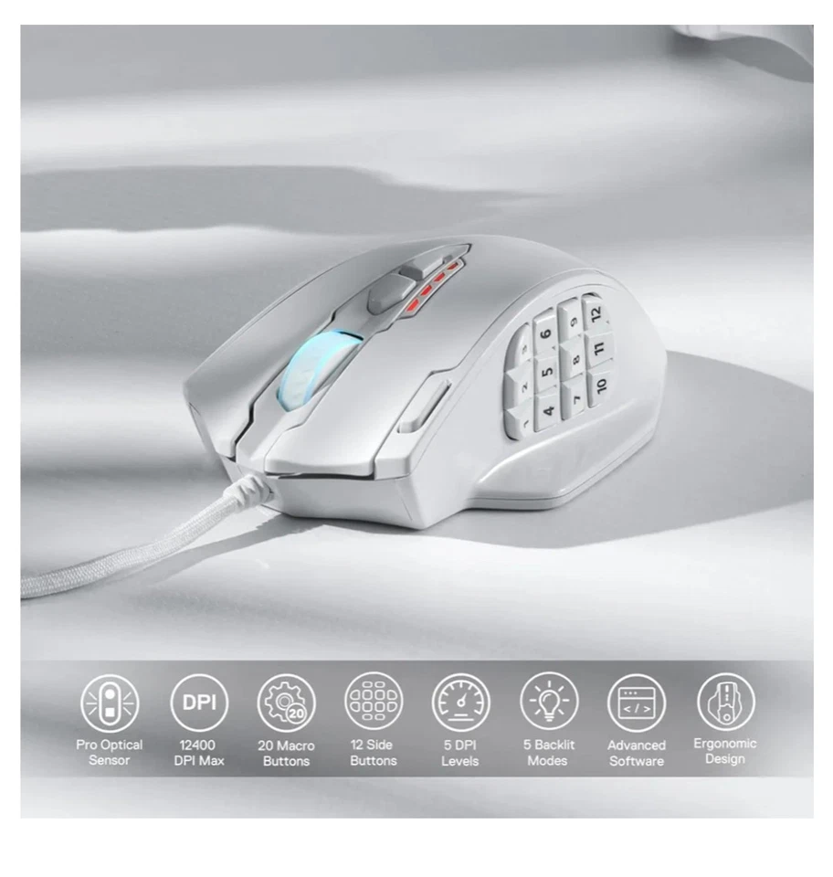 Redragon M908 RGB LED MMO Mouse with Side Buttons Optical, 12,400DPI, White - Image 2 of 4