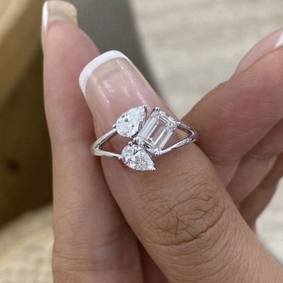 1.6ct F/VS2 Emerald Cut Lab Created Diamond Platinum Three Stone Ring Certified
