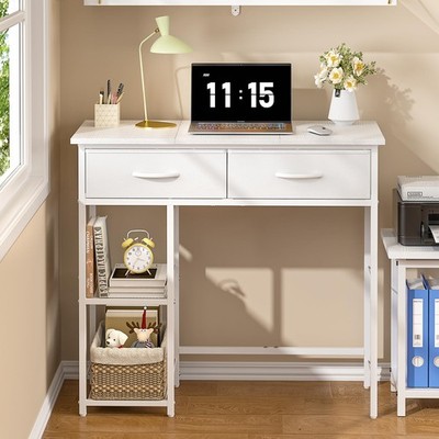 Small Writing Desk with 2 Drawers, White Computer Desk with Storage Shelf, Ho...