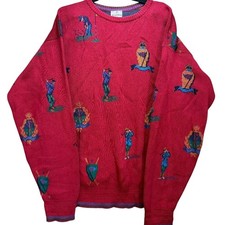 Vintage Neiman Marcus Golf Sweater Mens XL Red Cotton Intarsia Knit USA Made
