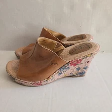 BOC by Born Dianna Brown Leather Upper Floral Cork Wedge Sandals Women's Size 7