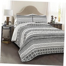 Hygge Geo Pattern Striped 3 Piece Bedding Set King Black  White Quilt