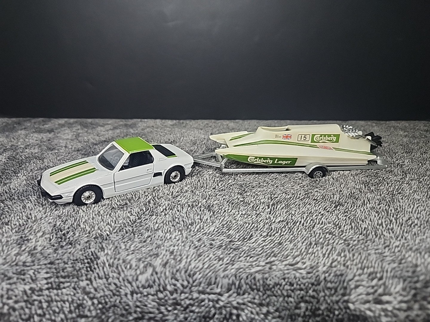 Vintage Corgi Fiat X19 With Carlsberg Lager Boat And Trailer