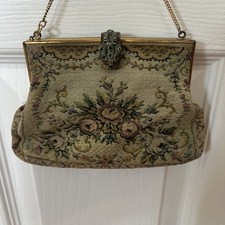 Antique Floral Petit Point Tapestry Handbag w/Decorative Gold Tone Frame  Chain