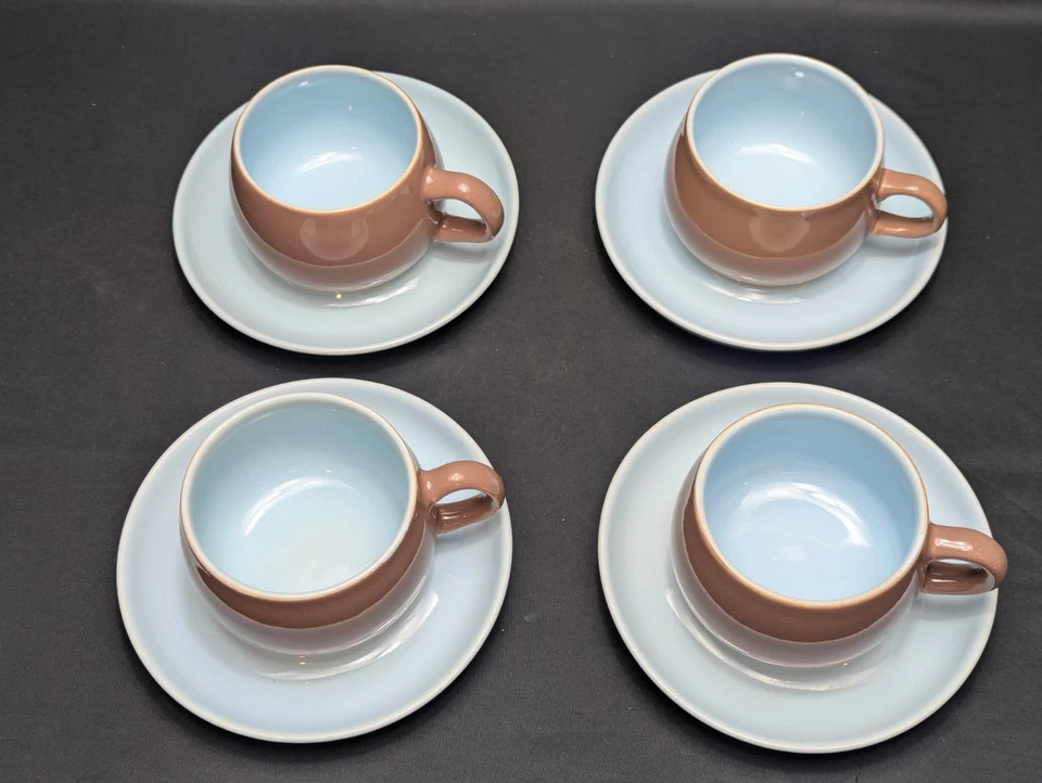Set Of 4 Vintage Langley/Denby Lucerne Cups & Saucers Two Tone Blue/Brown - Image 3 of 4