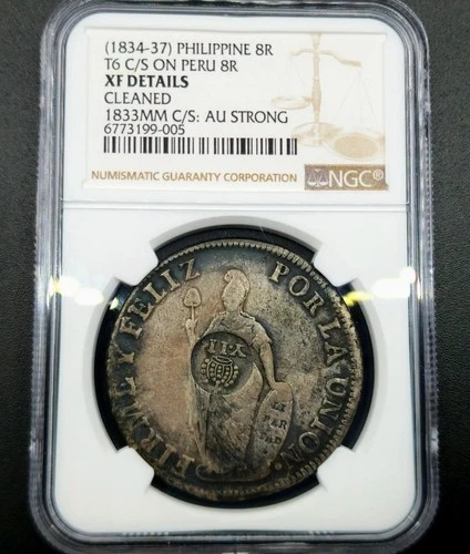 8 Reales T6 1833MM C/S Ferdinand VII Countermark On Peru Philippines XF NGC Rare