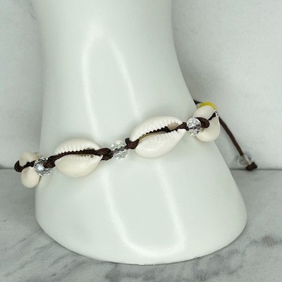 Brown Cord Yellow Clear Beaded Shell Adjustable Bracelet