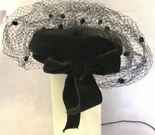 Vintage Black, Velvet Bow Fascinator Hat with Polka Dot Netting, Veil HAT-6