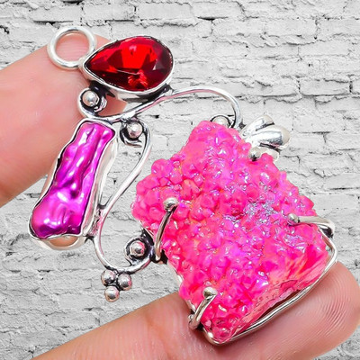 Natural Titanium Druzy, Garnet Gemstone 925 Sterling Silver Pendant 2.01'' I496