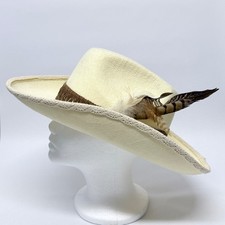 Cream Felt Western Cowboy Hat Feather Accent Lace Trim Brim Festival Boho Ivory