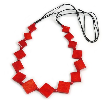 Lange Halskette mit roten Knochen quadratischen Perlen schwarz Baumwolle Kordel - 82 cm L