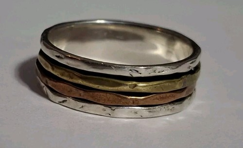 925 STERLING SILVER DBM KENSINGTON 3 TONE SPINNER HAMMERED RING BAND SIZE 9.5