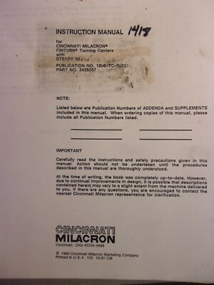 Cincinnati Milacron Instruction Manual Cinturn Steady Rest 1236-TC-90051 3429357