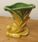 Vintage USA Shawnee #835 Yellow W/Green Glaze Cornucopia 5” Vase