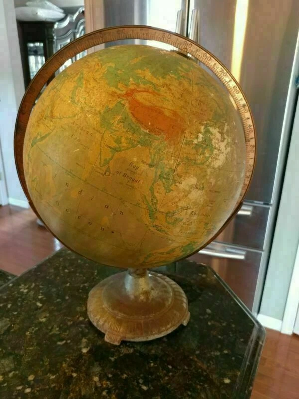 Globo vintage Ranally Rand McNally 12" diámetro 17" alto metal Foto 3 de 4