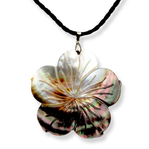 Carved Abalone Shell Flower Pendant Necklace Hibiscus Irridescent Statement  - Photo 1 sur 6