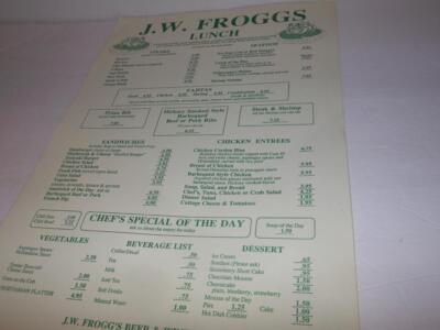 RARE 1970s JW FROGGS NORWALK CALIFORNIA RESTAURANT LUNCH MENU