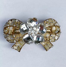 Vtg Crystal Glass Beads Gold Tone Flower Ribbon Hair Clip Barrette