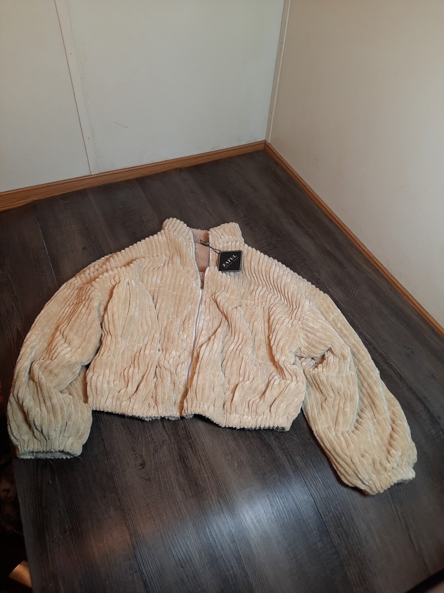 Zaful Women's beige Sherpa Coat Size XL Zip Front cropped Fleece