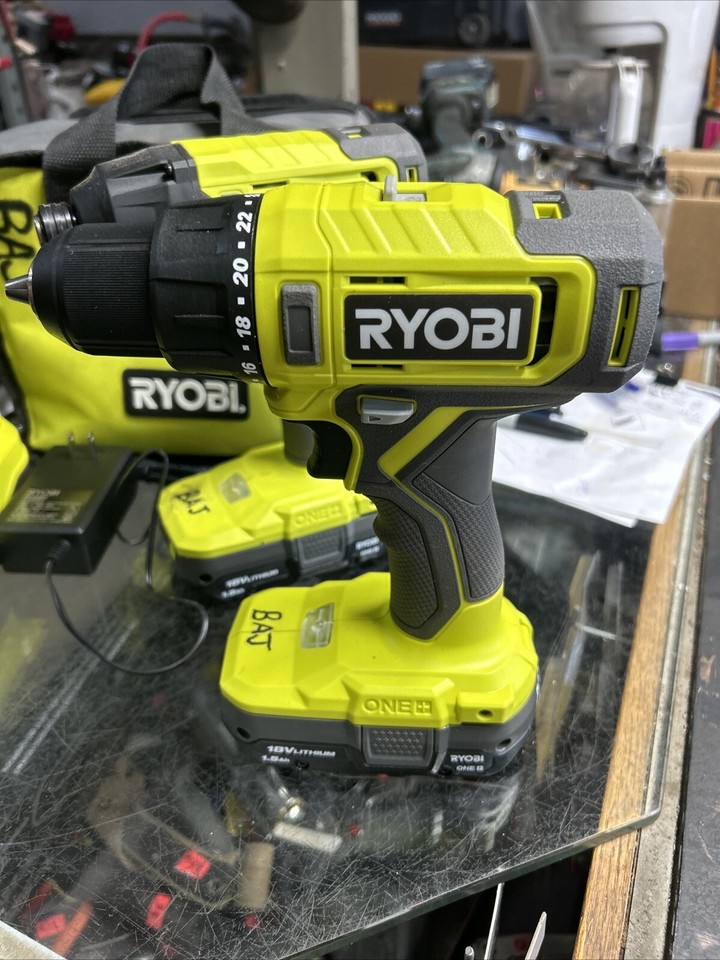 Ryobi Power Drill Set Impact Driver 2 Batteries Charger Green 18 V One+ ...