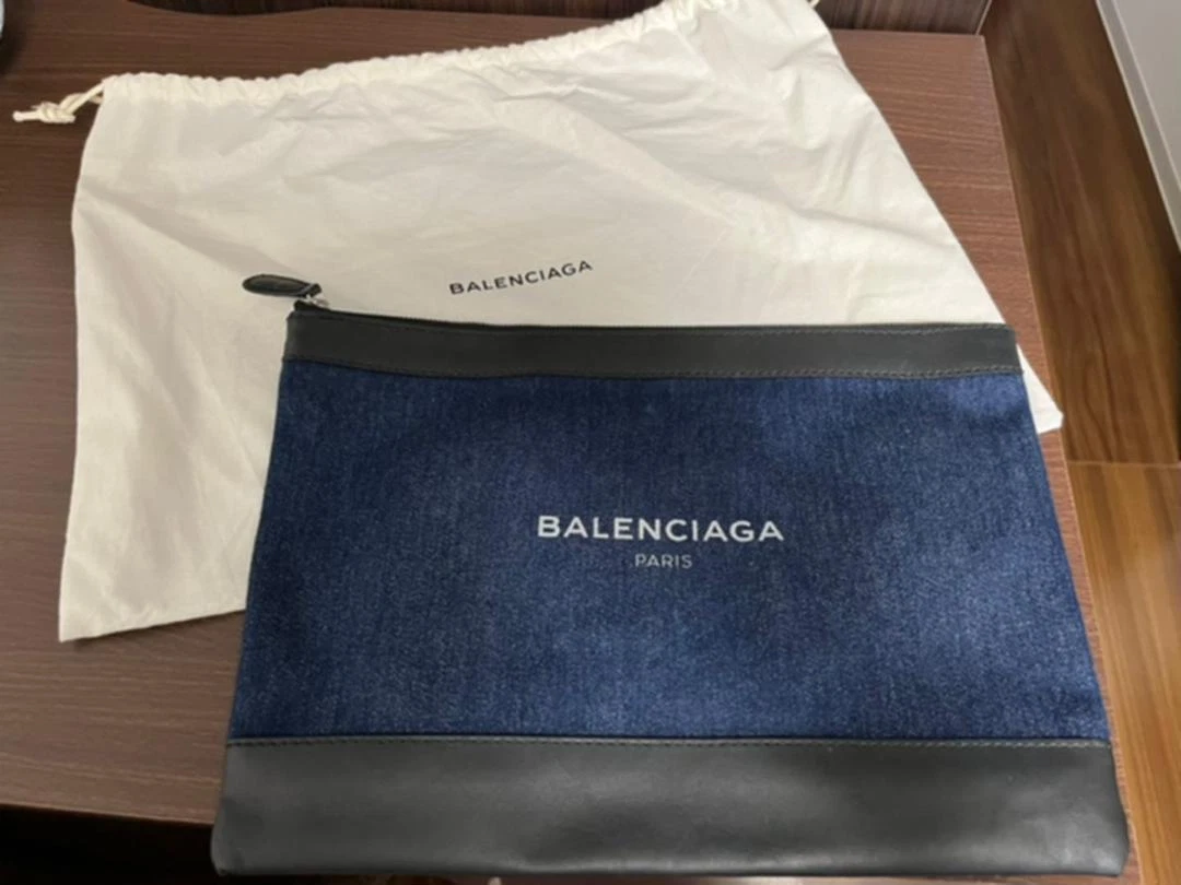 BALENCIAGA Logo Denim Leather Clutch Hand Bag Men Navy Rare From Japan Genuine