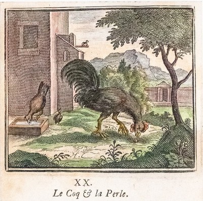 Fabeln de la Fontaine Hahn Kupferstich koloriert Henrik Cause Passepartout 1728