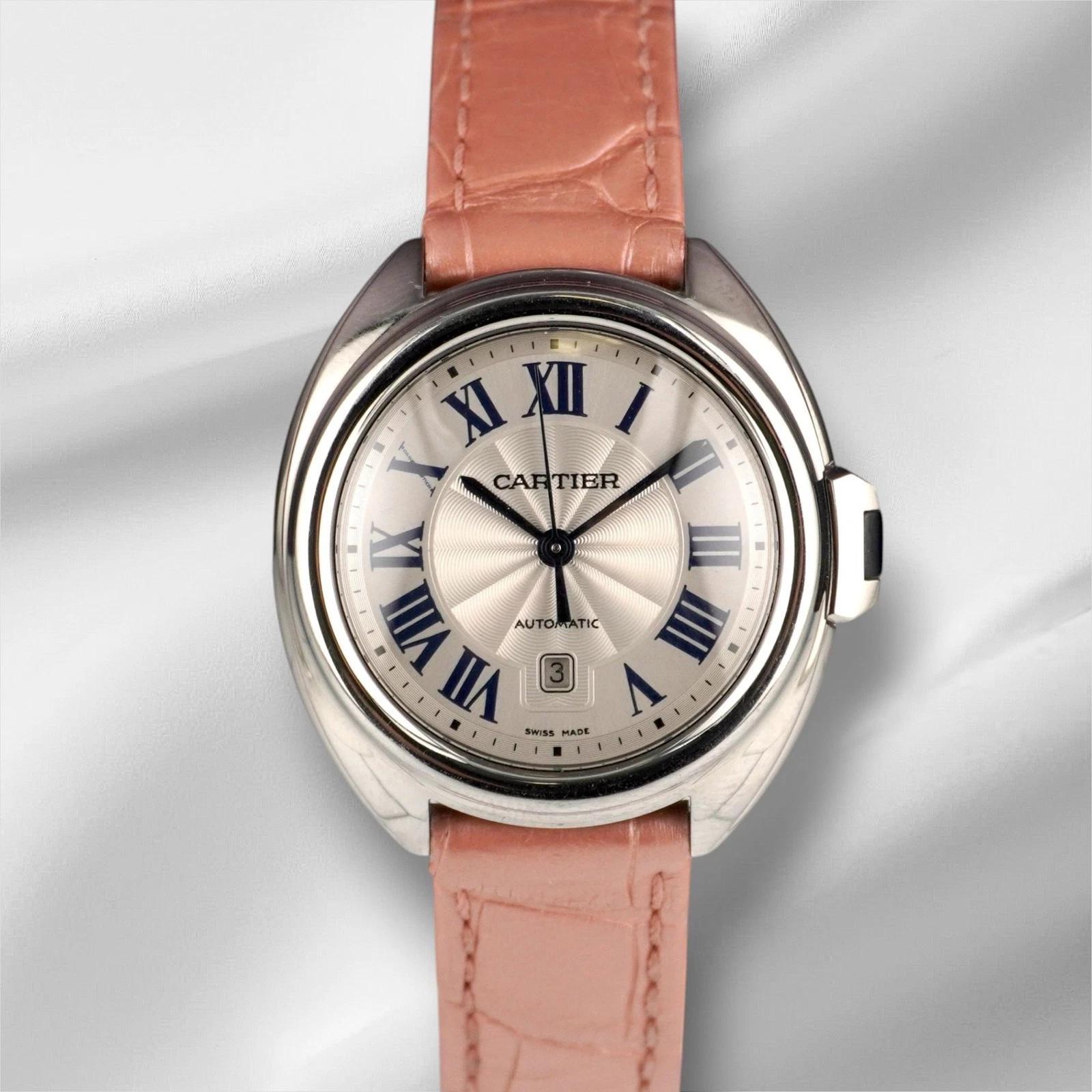 Cartier — Cartier Cle 31mm Silver Dial Leather Band Automatic Steel Ladies Watch 3867
