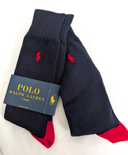Polo Ralph Lauren Mens Crew Socks 2 Pair Navy Blue Red Pony Logo Size 10-13