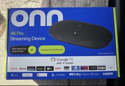 2026 model Onn. 4K Pro Streaming Device Google TV 32GB Dolby Vision Atmos HDMI!