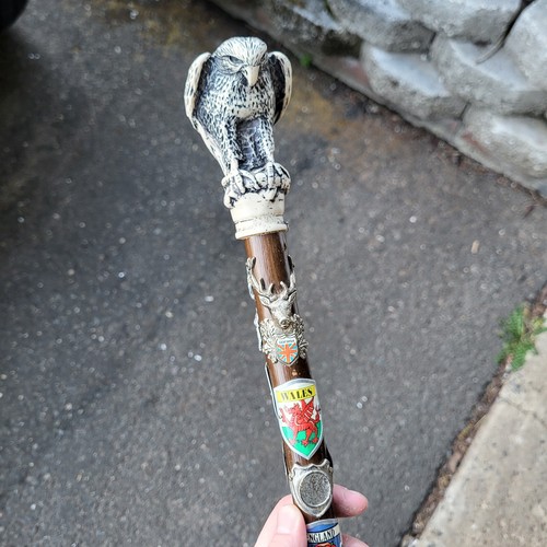 Vintage Bristish Cane Walking Stick Eagle Handle And Country Badges European