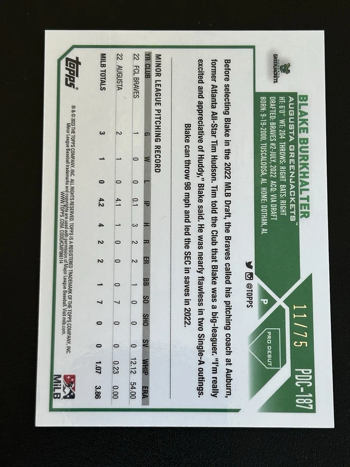 2023 Topps Pro Debut Chrome Aqua Refractor Blake Burkhalter /75 Color Match! - Image 2 of 2