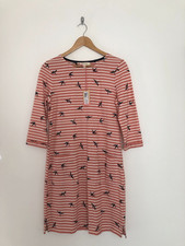 White Stuff Albie Dress Size 10 NEW Coral Pockets 3/4 Sleeve BNWT Striped Birds