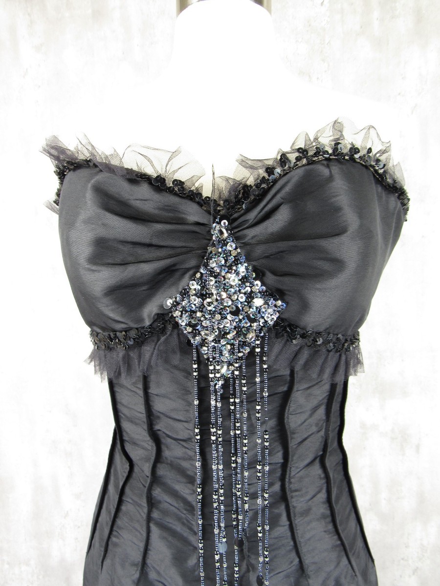 Vintage 90s Prom Black Taffeta Goth Victorian Beaded Bustle