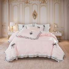 Duvet Cover Queen Size Ruffle Beddding Set with Bowtie, 3 Pieces Comforter Co...