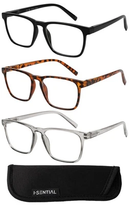 I-SENTIAL Bifocal Reading Glasses Large Lens Square Frame & Case Retro Mens Womens