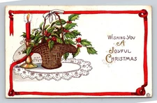 Vintage 1910s Christmas Lithograph Postcard with Holly Basket & Candle
