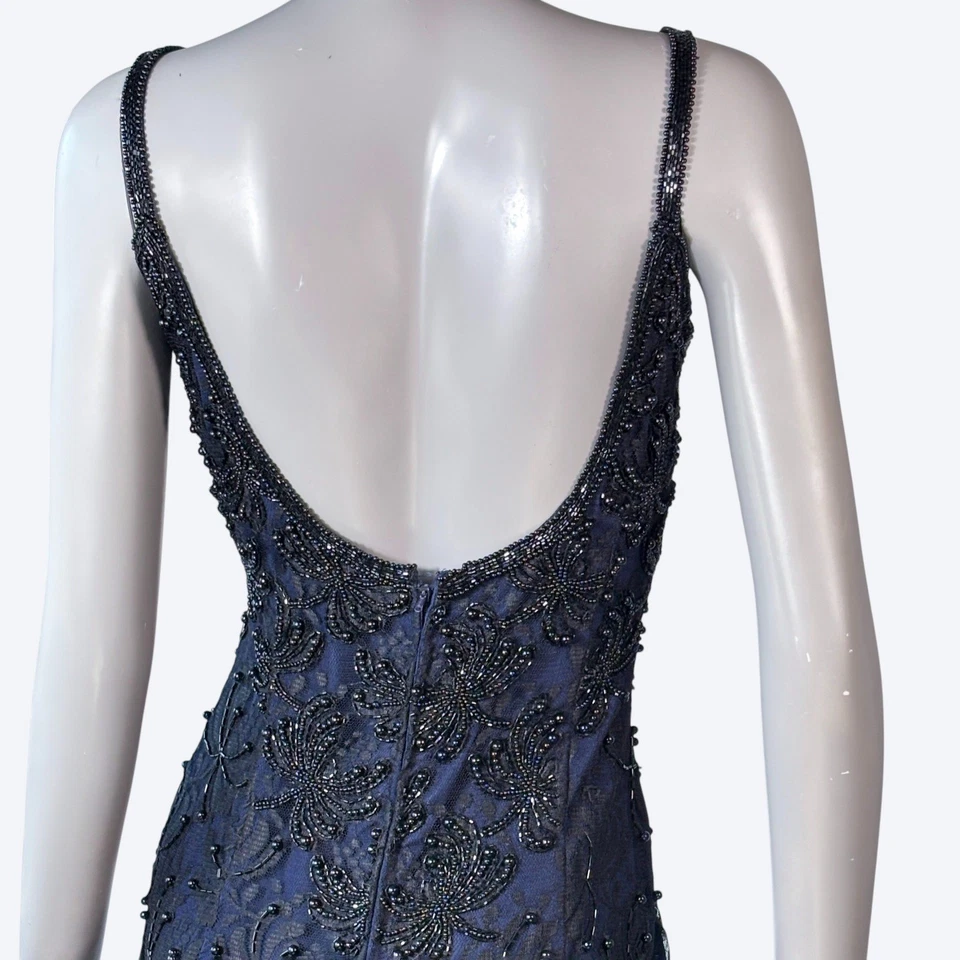 Винтажный 90-х Laurence Kazar синий полностью бисером цветочный вечернее платье макси платье размер S - Изображение 4 из 4