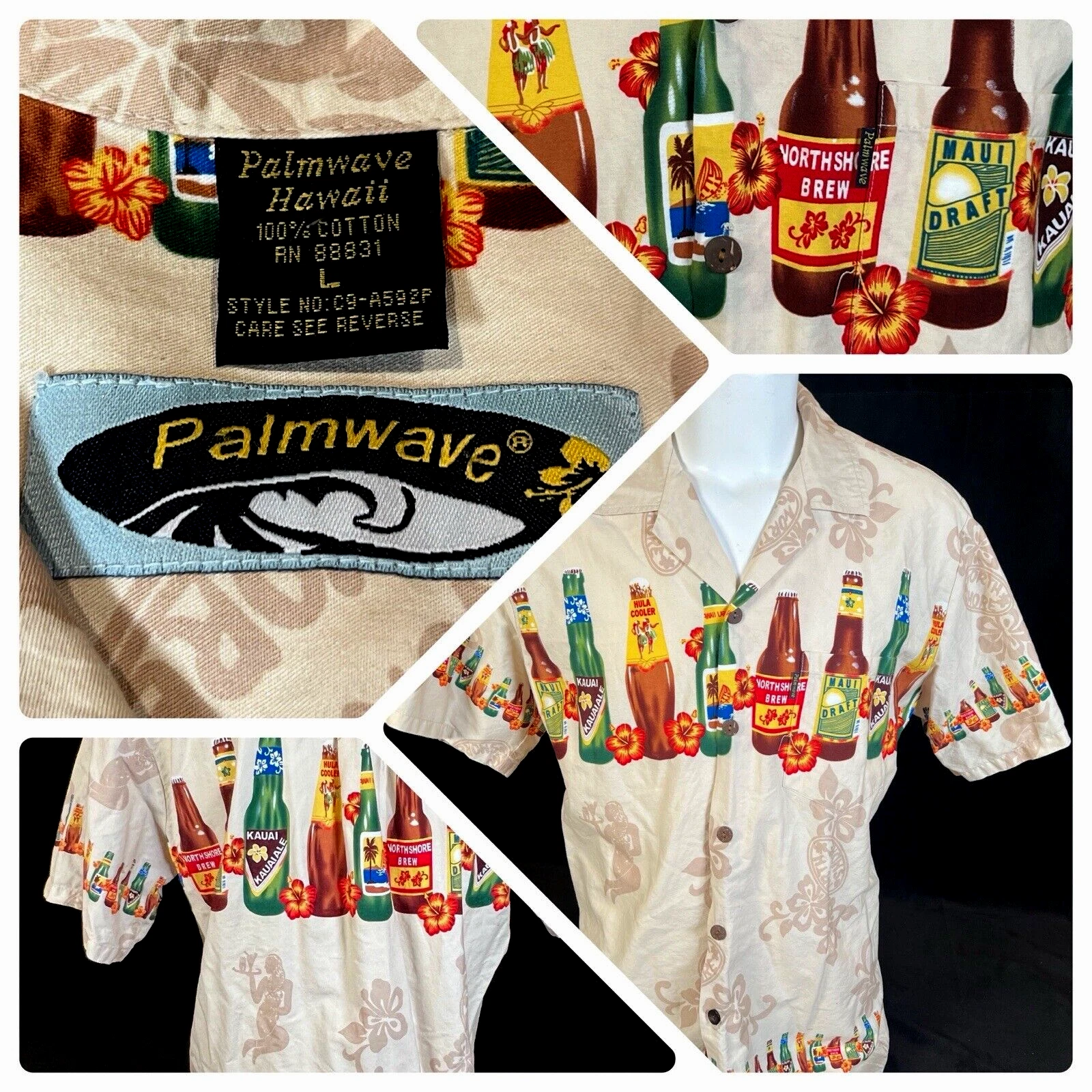 Palmwave Hawaii Size Large Beer All Over Print North Shore Button Up Shirt