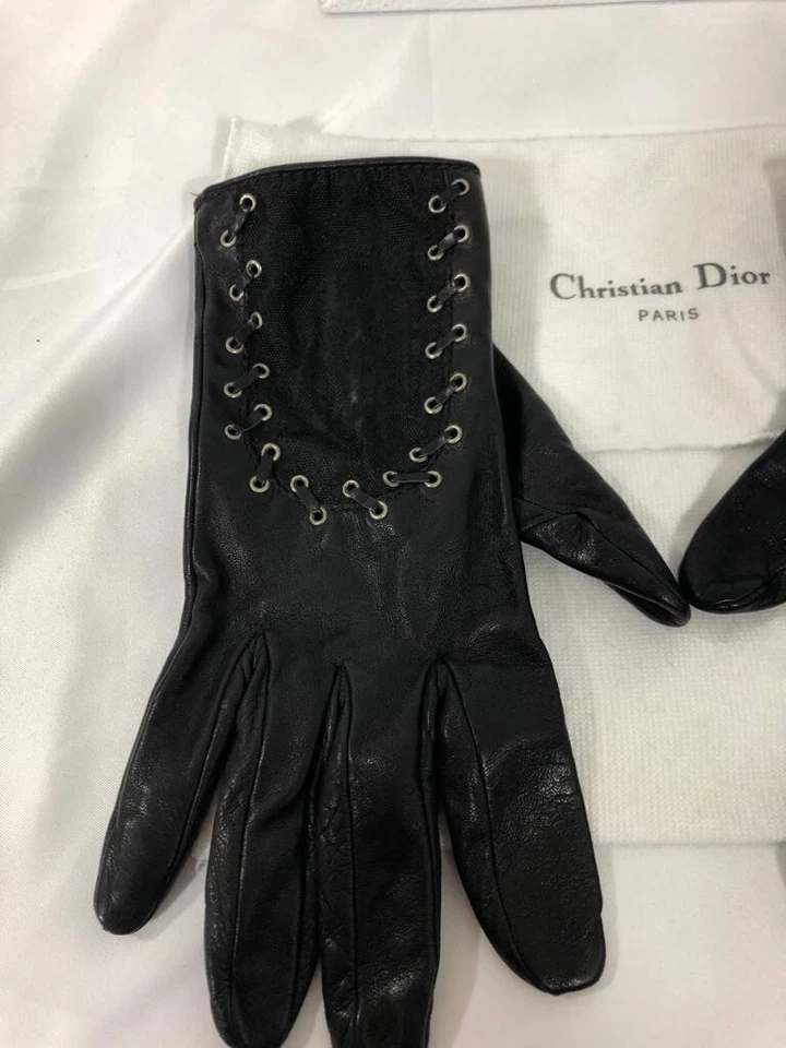 Auténticos guantes Christian Dior para mujer logotipo cuero negro algodón encaje metal  Foto 3 de 4