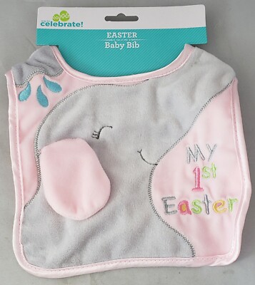 NEW ''My First Easter'' Girls Baby Bib Pink And Grey Elephant Way To Celebrate
