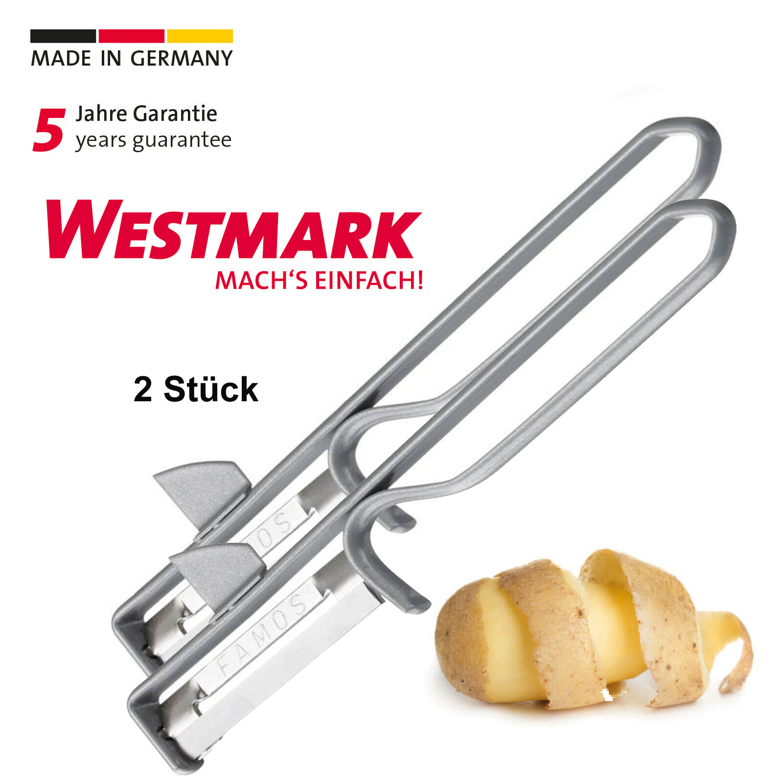 Westmark Sparschäler 'Famos' – Rostfreier Edelstahl, Bewegliche Klinge, Mit Ausstecher