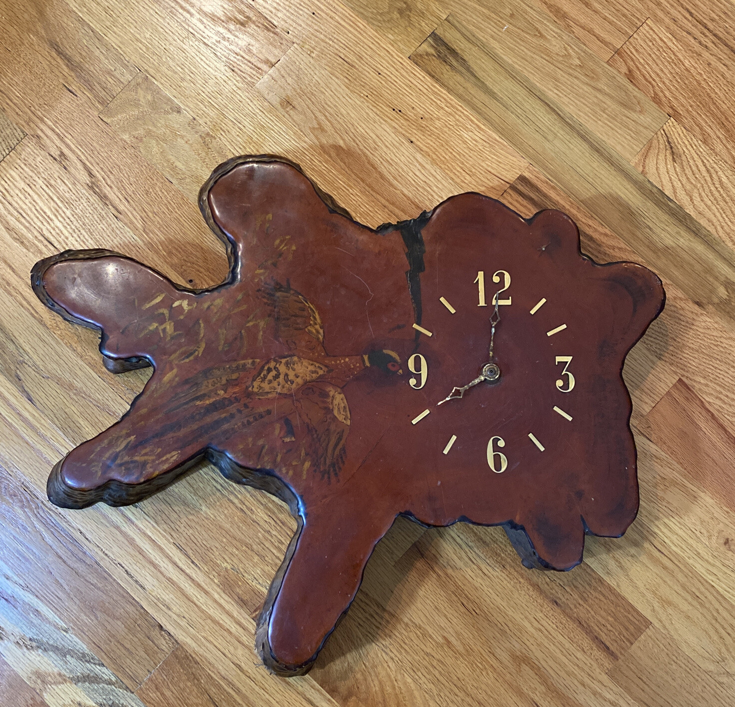 Vintage Wood Slab Clock Pheasant For Parts/Repair Vintage Slab Wood