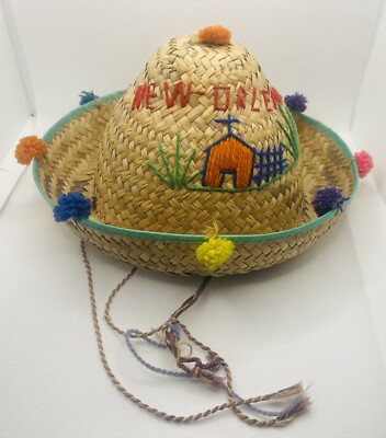 Vintage Childs Straw sun Hat Sombrero Colorful Pom Poms New