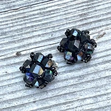 Pair - 1 inch Black Faceted Crystals Mid Century Vintage Formal Clip Earrings