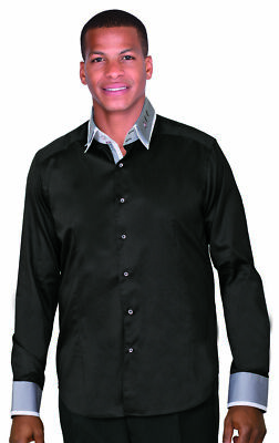 Mens 100% cotton dress shirt double layered collar,Italian Design Black/Gry  A605