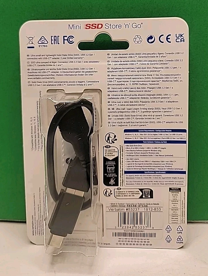 1 Terabyte Verbatim Store n Go Mini SSD - USB 3.2 Gen 1 With USB Adapter - 53237 - Image 2 of 3