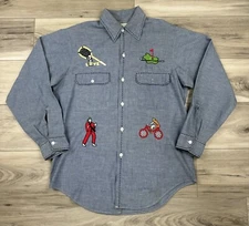 Vtg 60s 70s BIG MAC Chambray Selvedge Shirt Sz M Chain Stitch Hand Embroidered