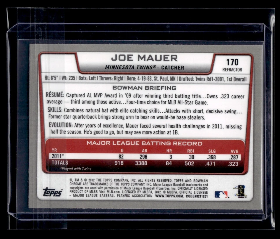 2012 Bowman Chrome Xfractor #170 Joe Mauer Twins - Image 2 of 2